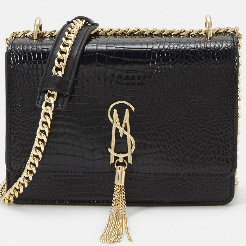 NEW Black Croc-Embossed Bag with Gold Chain